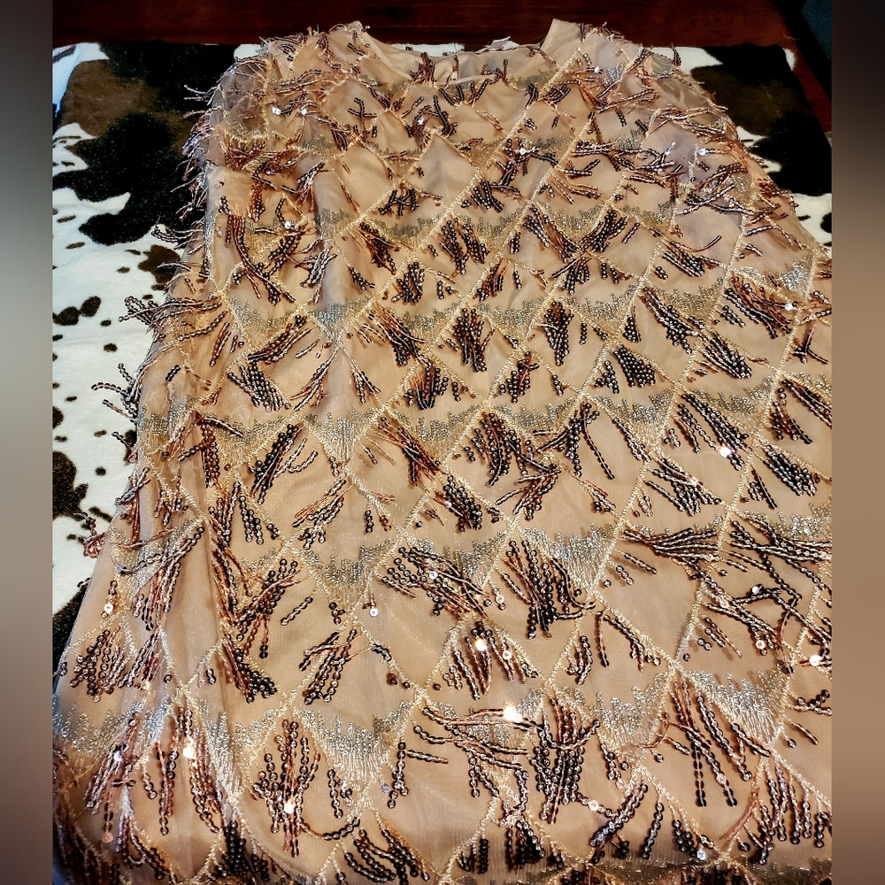 Chic Soul Beaded Rose Gold Midi Dress With Gold and Silver Sequins